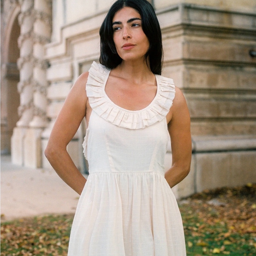 Christy Dawn Cream Ruffle-Neck Midi Dress
